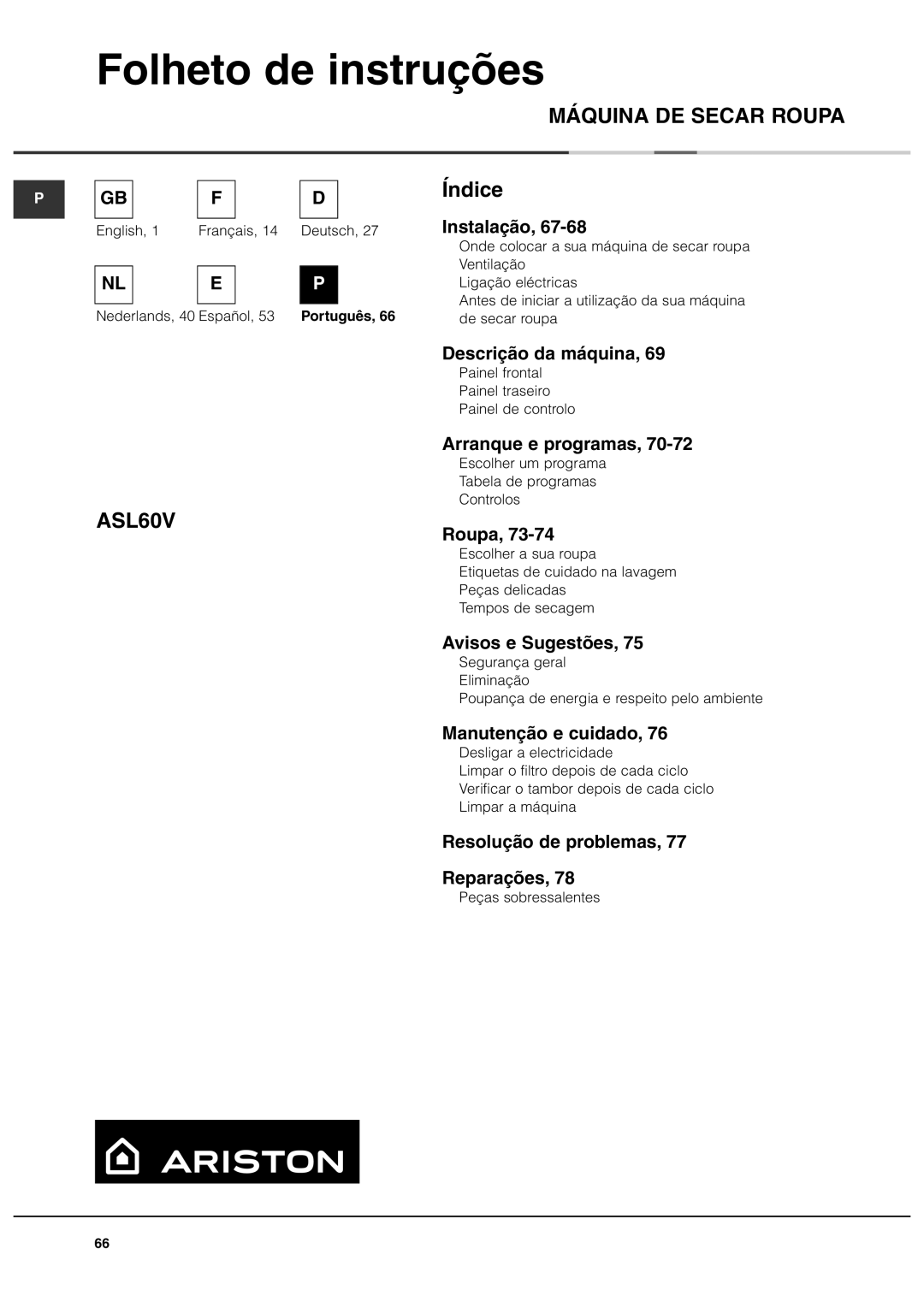 Ariston ASL60V manual Folheto de instruções 