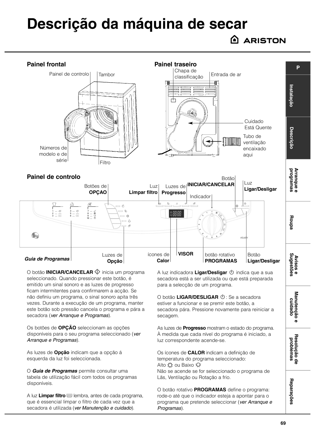 Ariston ASL60V manual Descrição da máquina de secar, Painel frontal, Painel traseiro, Painel de controlo 