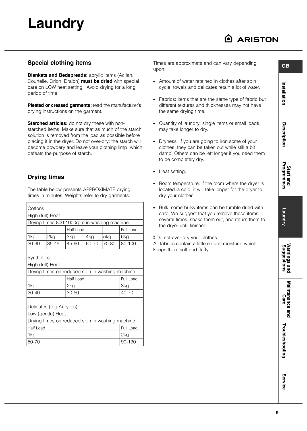 Ariston ASL60V manual Special clothing items, Drying times 