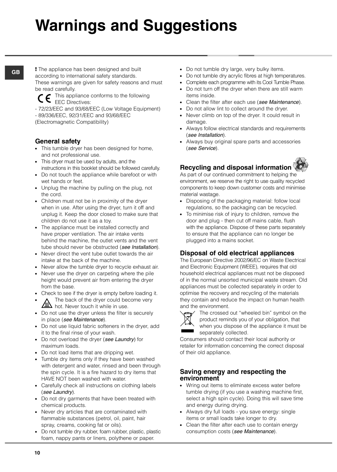 Ariston ASL60VX manual General safety, Recycling and disposal information, Disposal of old electrical appliances 