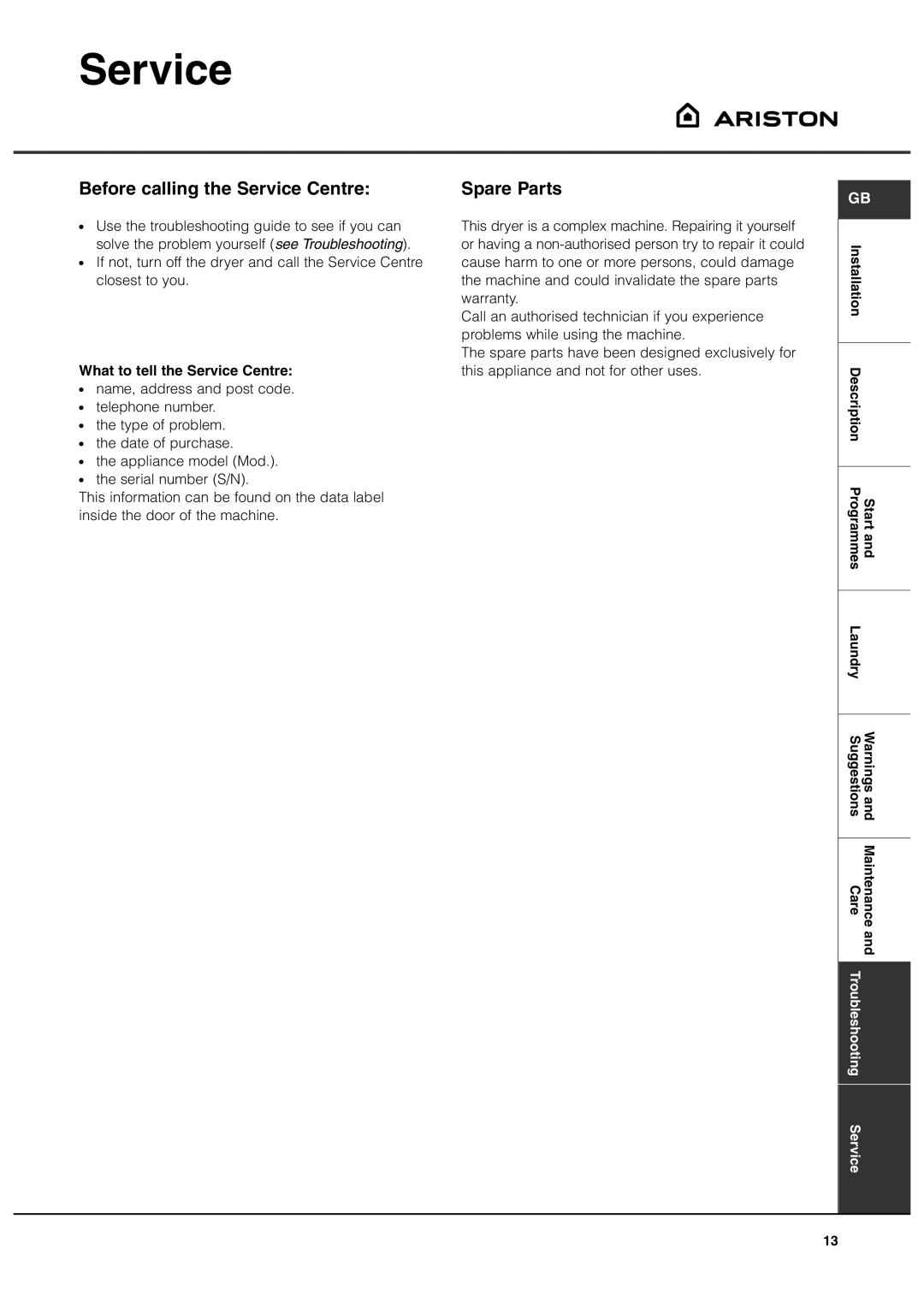 Ariston ASL60VX manual Before calling the Service Centre, Spare Parts, What to tell the Service Centre 