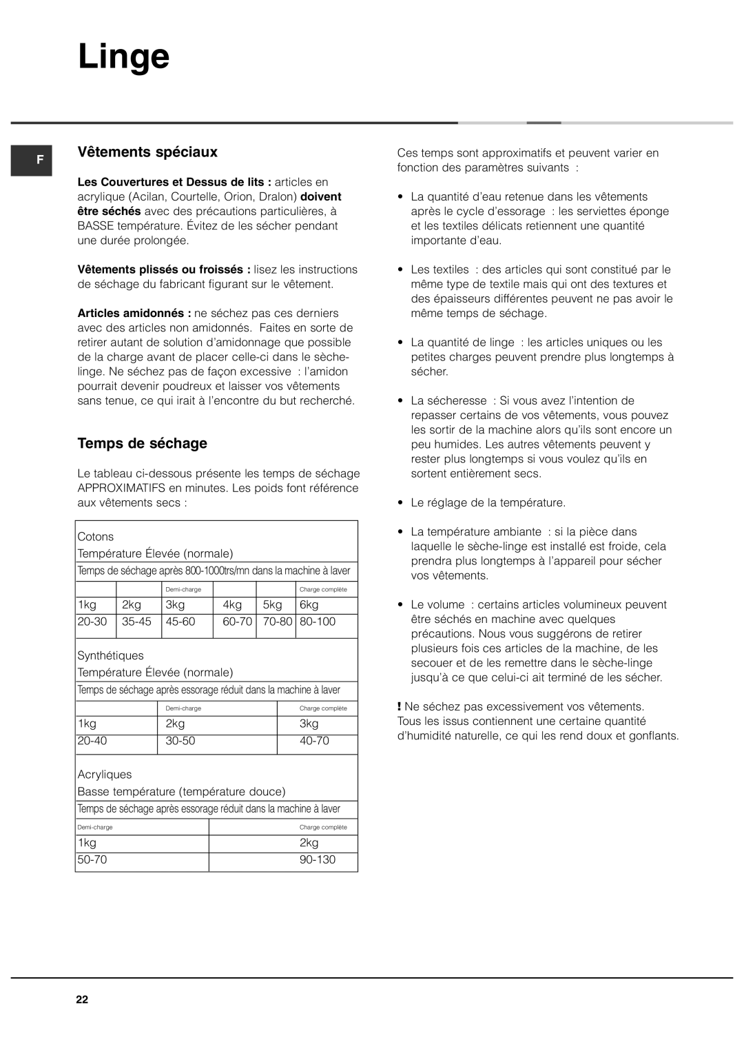 Ariston ASL60VX manual Vêtements spéciaux, Temps de séchage, Les Couvertures et Dessus de lits articles en 