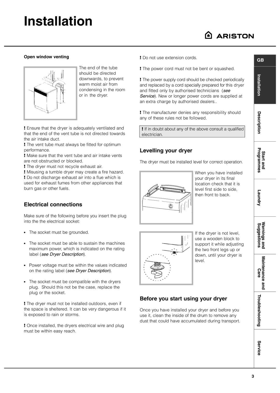 Ariston ASL60VX manual Electrical connections, Levelling your dryer, Before you start using your dryer, Open window venting 