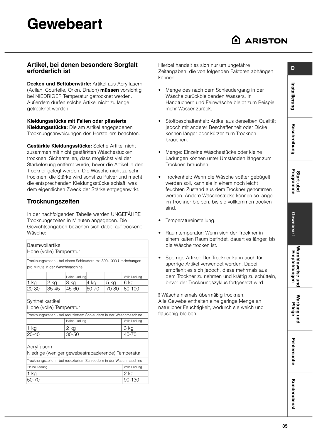 Ariston ASL60VX manual Artikel, bei denen besondere Sorgfalt erforderlich ist, Trocknungszeiten 