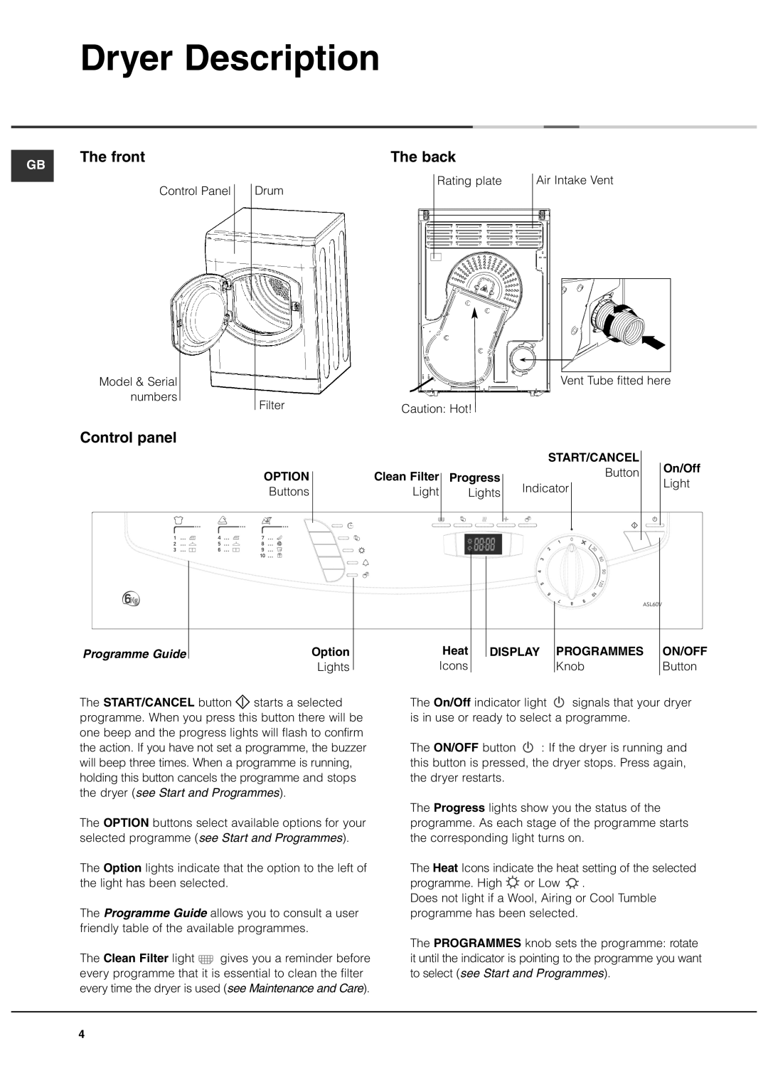 Ariston ASL60VX manual Dryer Description, Front, Control panel Back, Programme Guide 