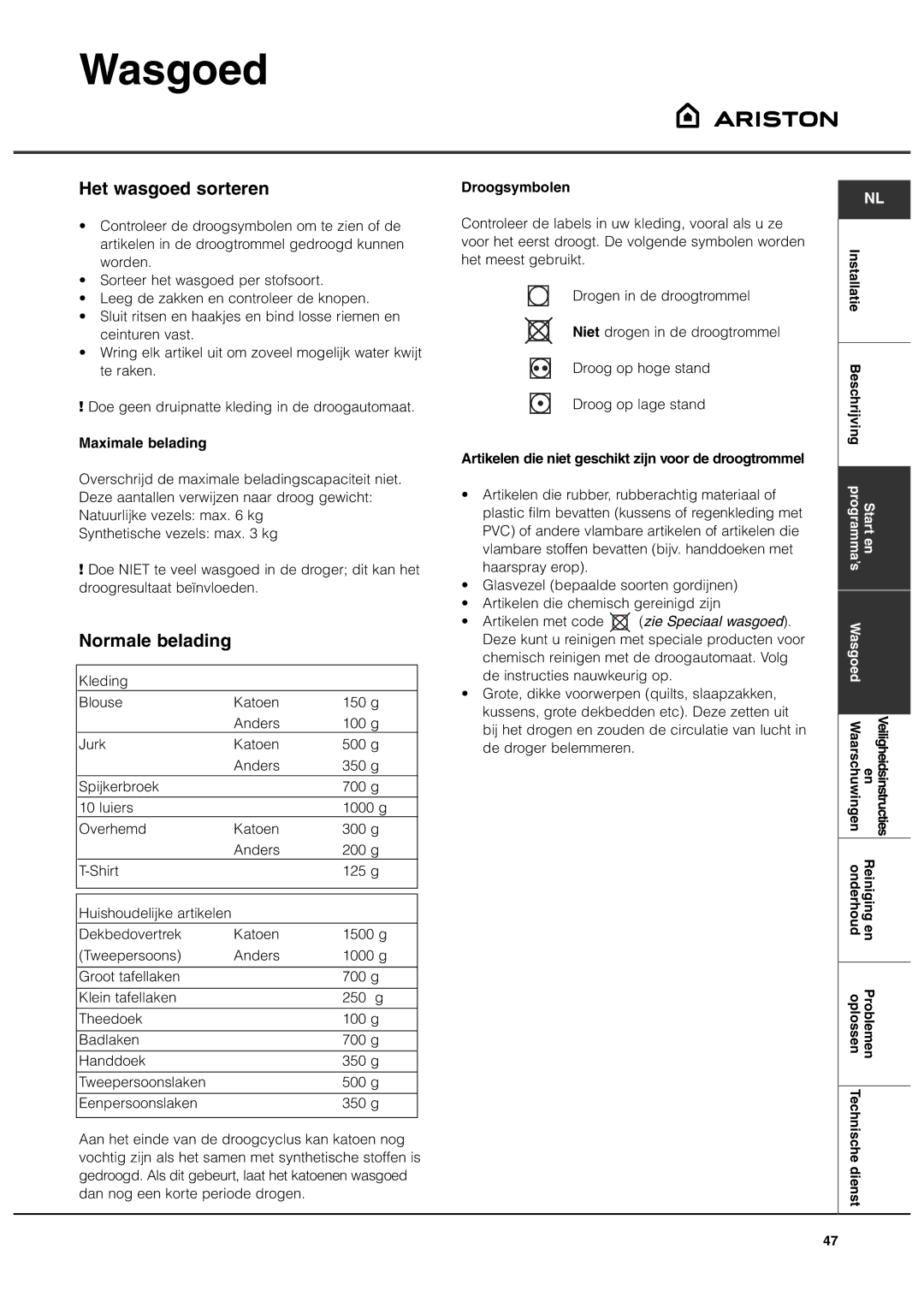 Ariston ASL60VX manual Wasgoed, Het wasgoed sorteren, Normale belading, Maximale belading, Droogsymbolen 