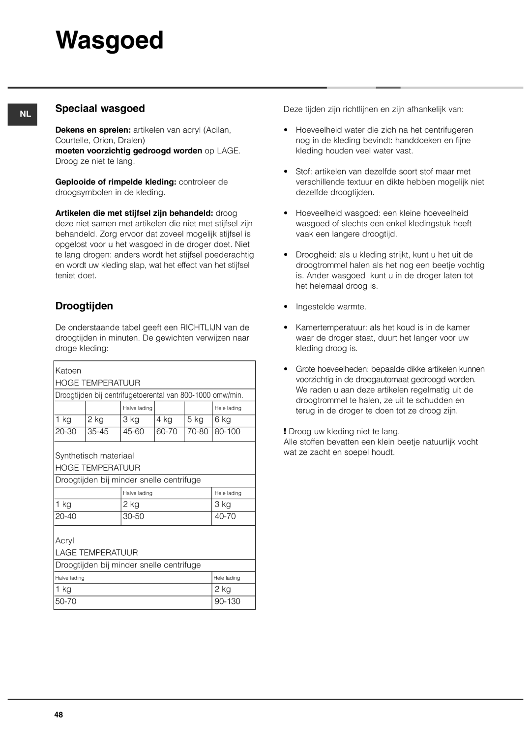 Ariston ASL60VX manual Speciaal wasgoed, Droogtijden, Moeten voorzichtig gedroogd worden op Lage 