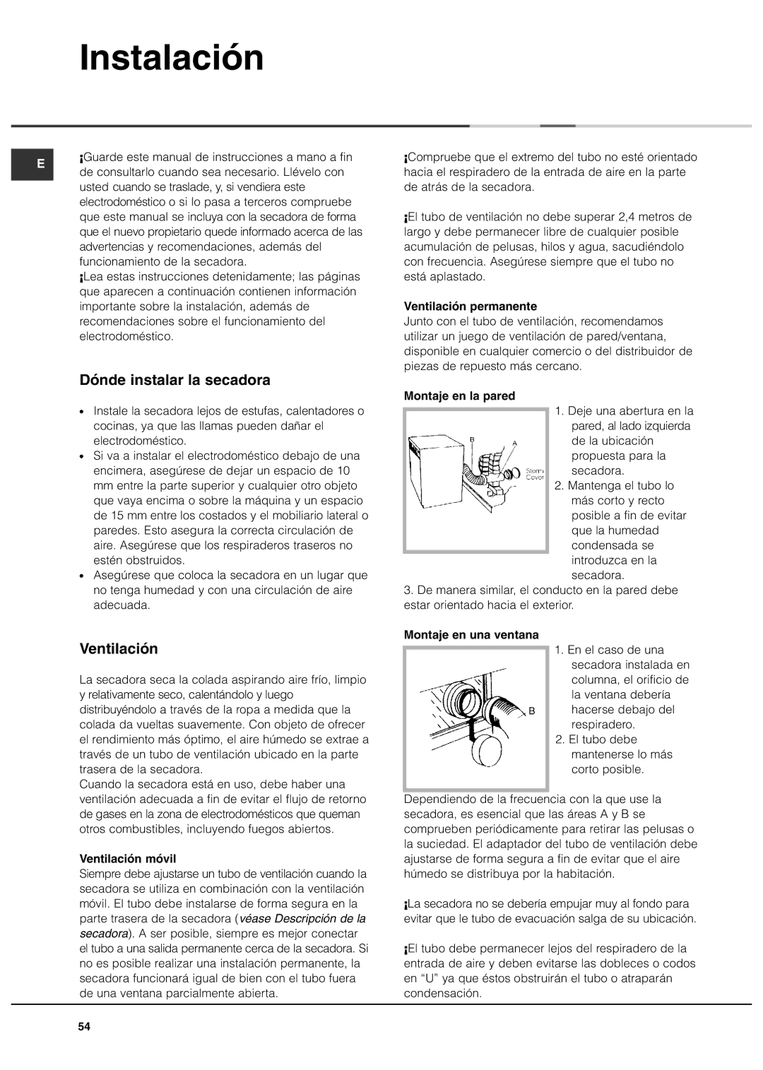 Ariston ASL60VX manual Instalación, Dónde instalar la secadora, Ventilación 