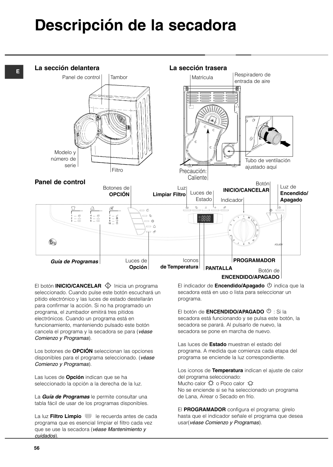 Ariston ASL60VX manual Descripción de la secadora, La sección trasera, Panel de control, Guía de Programas 