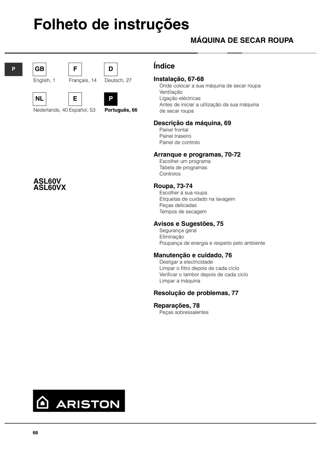 Ariston ASL60VX manual Folheto de instruções 