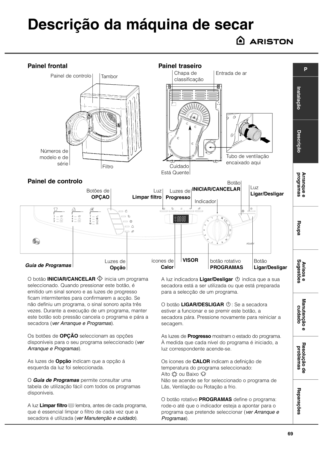 Ariston ASL60VX manual Descrição da máquina de secar, Painel frontal, Painel traseiro, Painel de controlo 