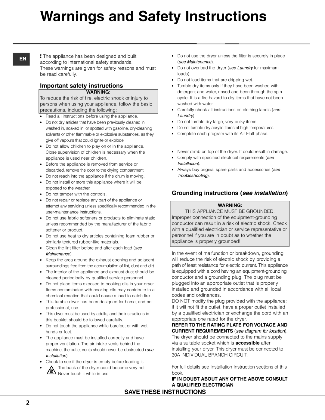 Ariston ASL65VXS Important safety instructions, Grounding instructions see installation, Be read carefully 