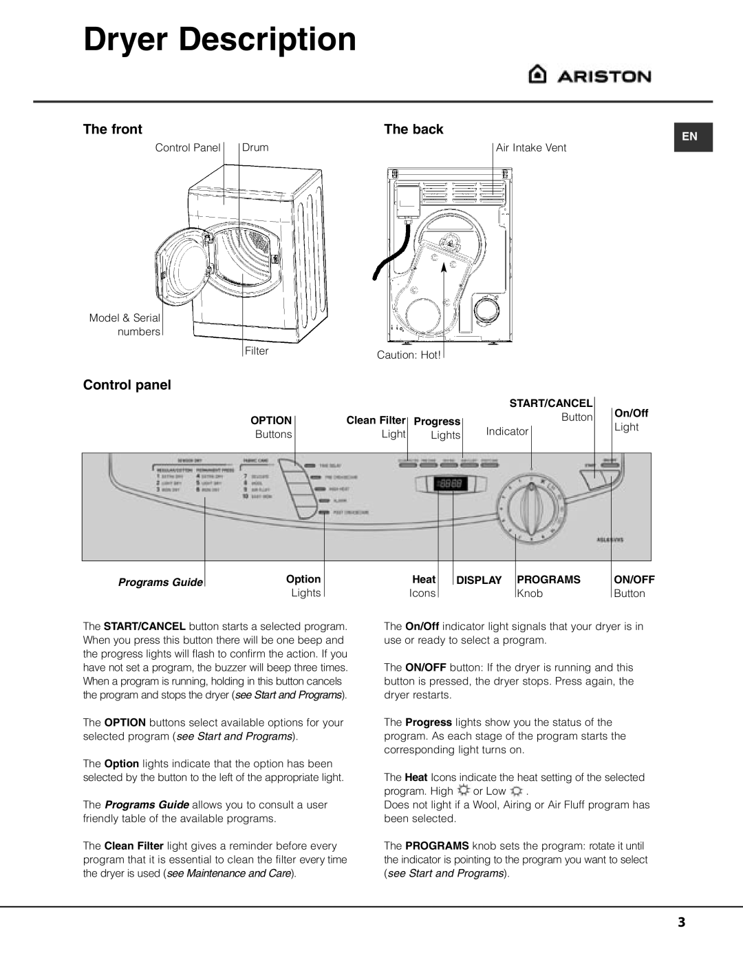 Ariston ASL65VXS important safety instructions Dryer Description, Front, Back, Control panel 