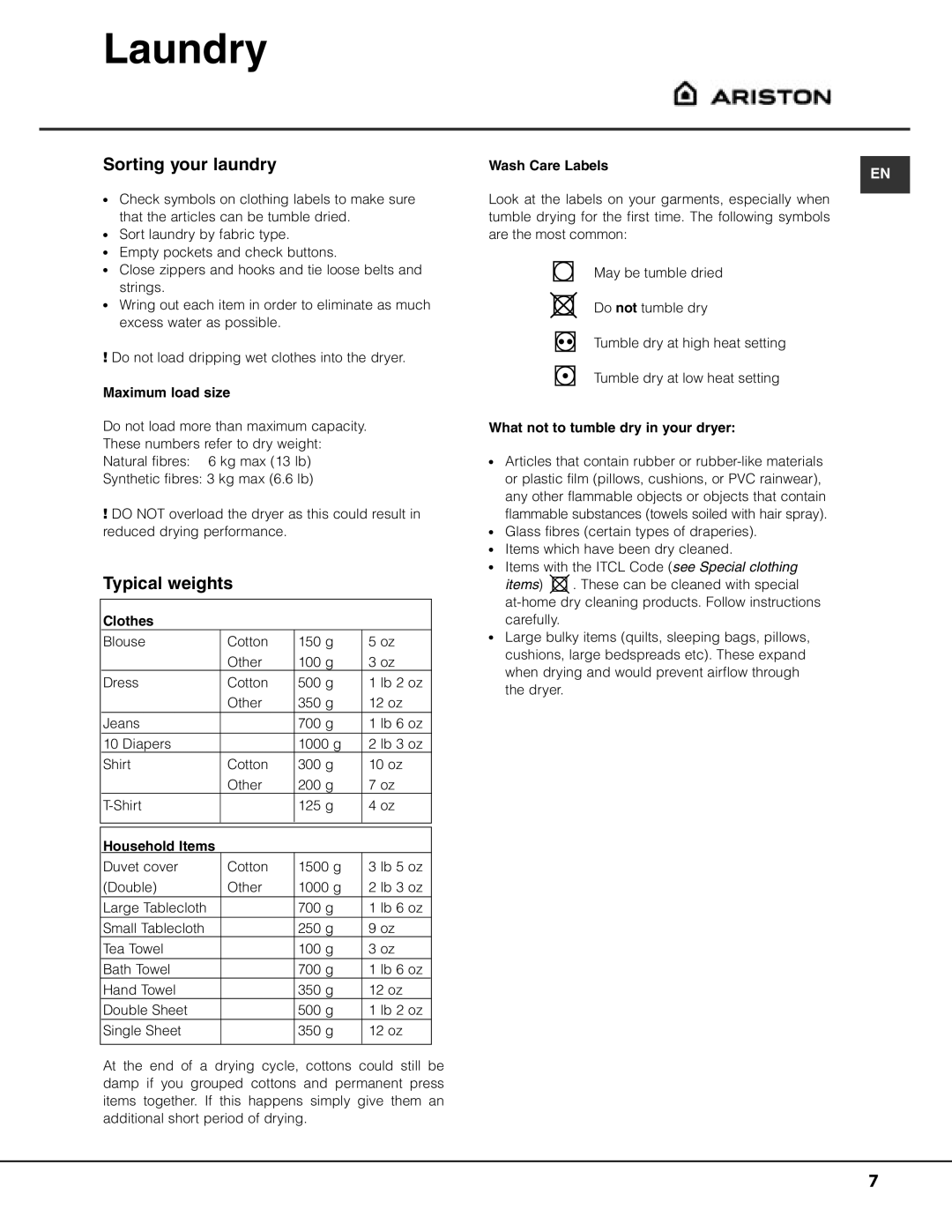 Ariston ASL65VXS important safety instructions Laundry, Sorting your laundry, Typical weights 