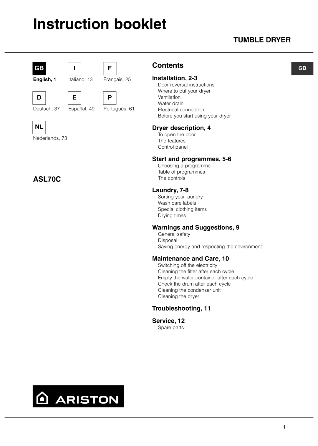 Ariston ASL70C manual Instruction booklet, Tumble Dryer 