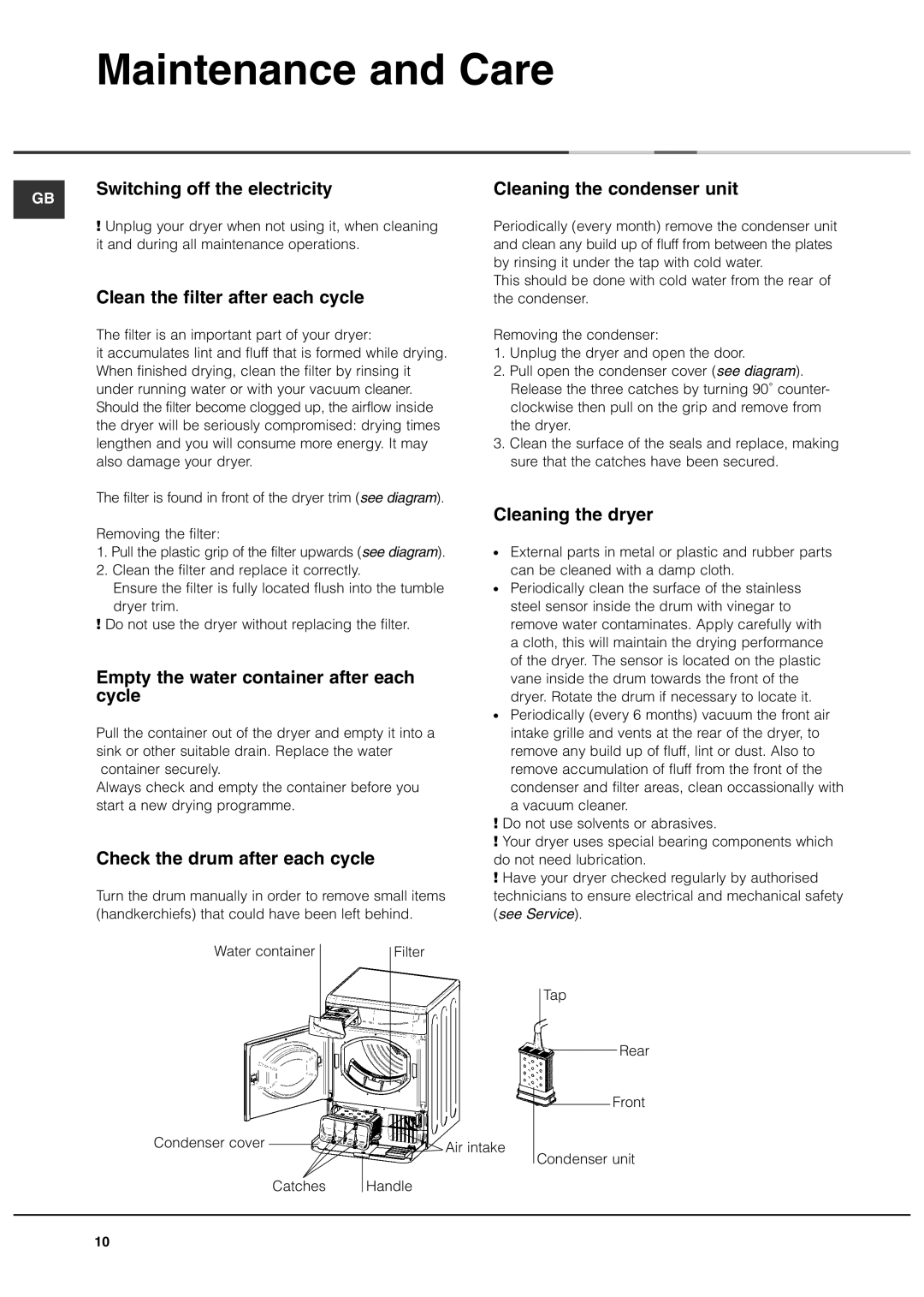 Ariston ASL70C manual Maintenance and Care 