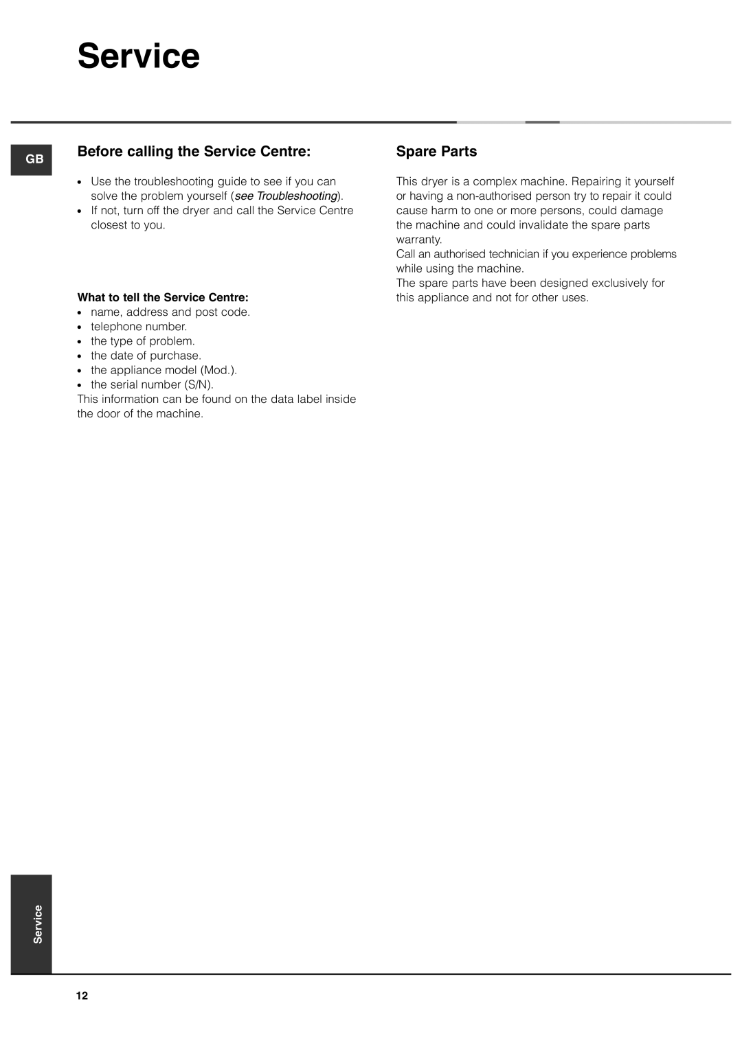 Ariston ASL70C manual Before calling the Service Centre, Spare Parts, What to tell the Service Centre 