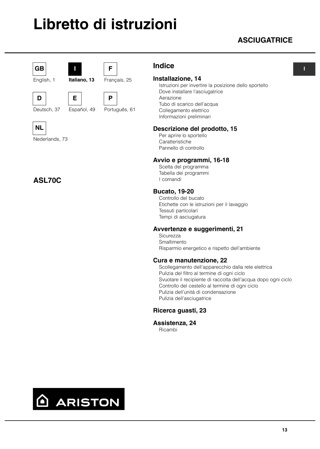 Ariston ASL70C manual Libretto di istruzioni 