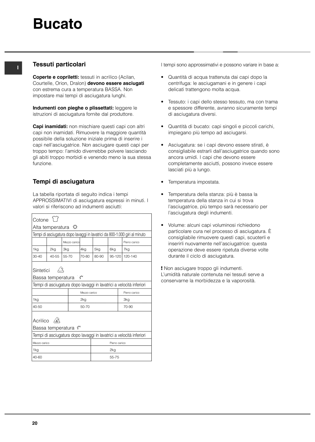 Ariston ASL70C manual Tessuti particolari, Tempi di asciugatura, Sintetici Bassa temperatura, Acrilico Bassa temperatura 