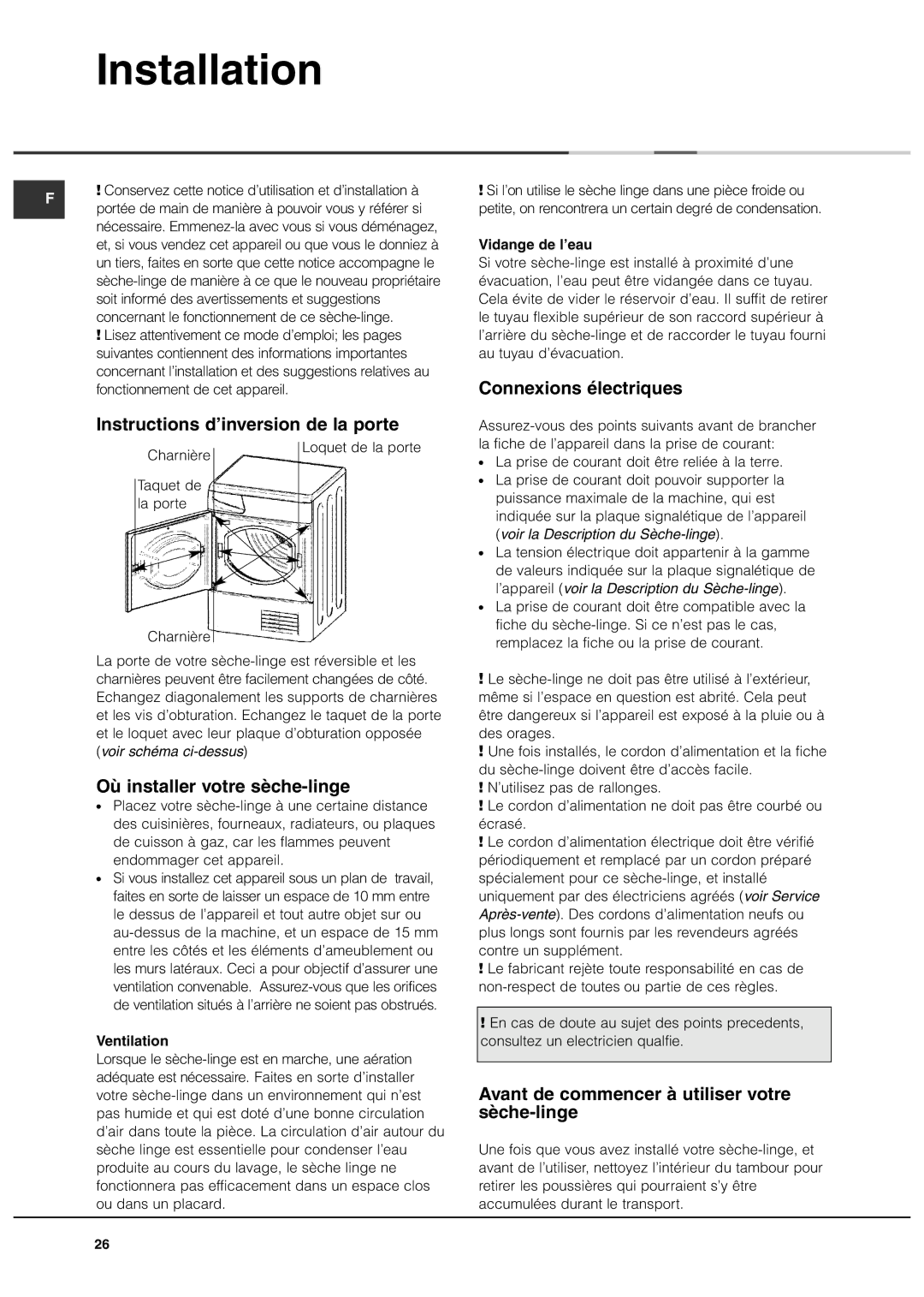 Ariston ASL70C manual Instructions d’inversion de la porte, Connexions électriques, Où installer votre sèche-linge 