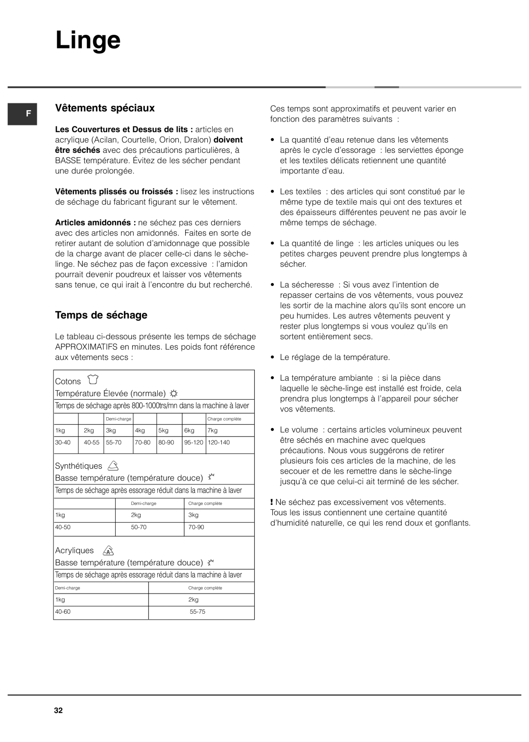 Ariston ASL70C manual Vêtements spéciaux, Temps de séchage, Les Couvertures et Dessus de lits articles en 