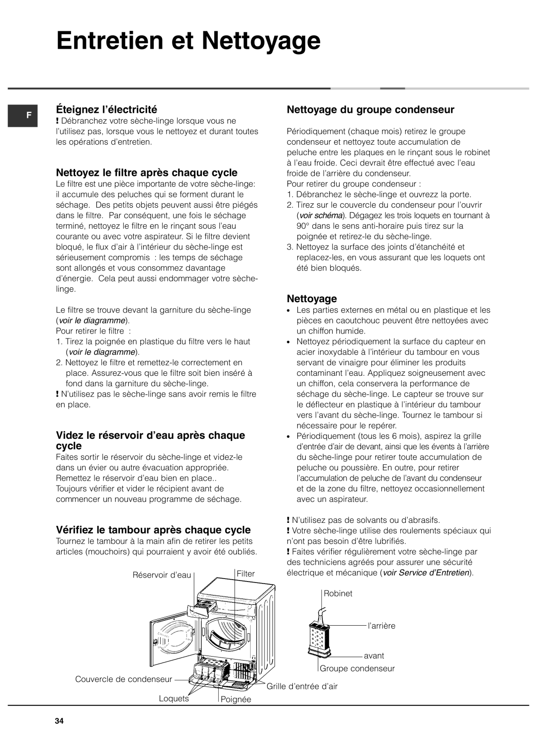 Ariston ASL70C manual Entretien et Nettoyage 