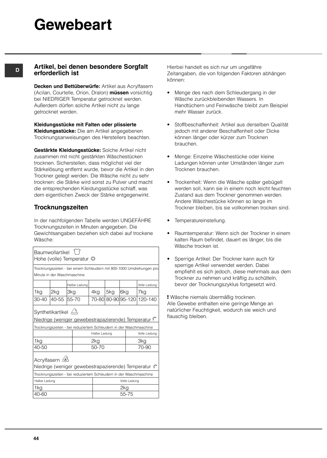 Ariston ASL70C Artikel, bei denen besondere Sorgfalt, Erforderlich ist, Decken und Bettüberwürfe Artikel aus Acrylfasern 