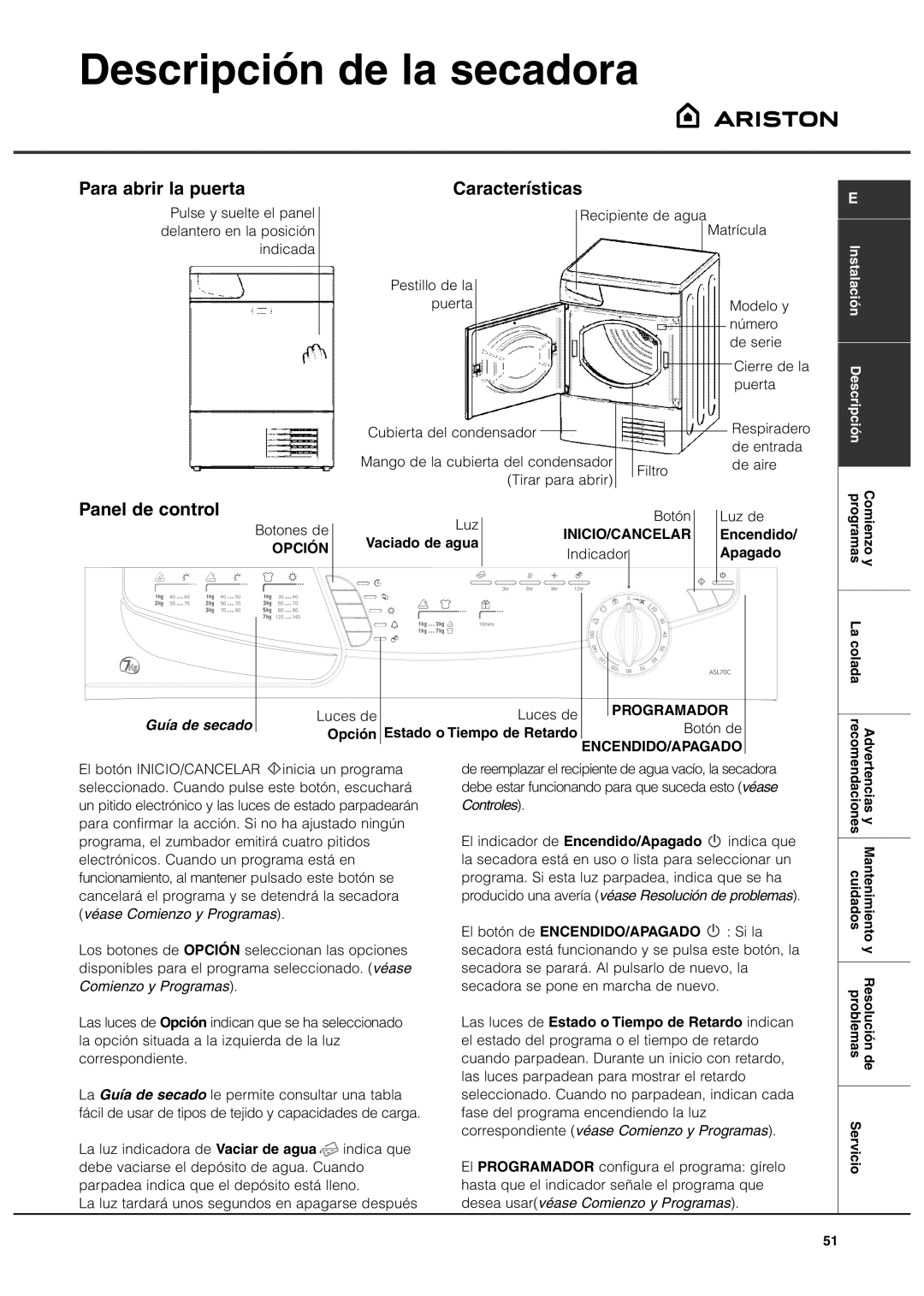 Ariston ASL70C manual Descripción de la secadora, Para abrir la puerta, Panel de control, Características, Guía de secado 