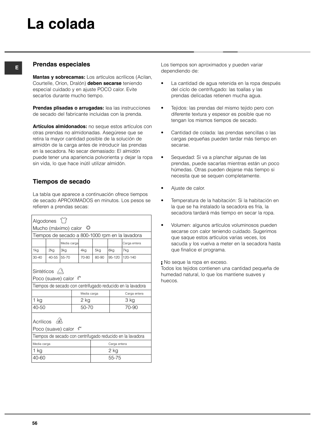 Ariston ASL70C manual Prendas especiales, Tiempos de secado, Sintéticos Poco suave calor 