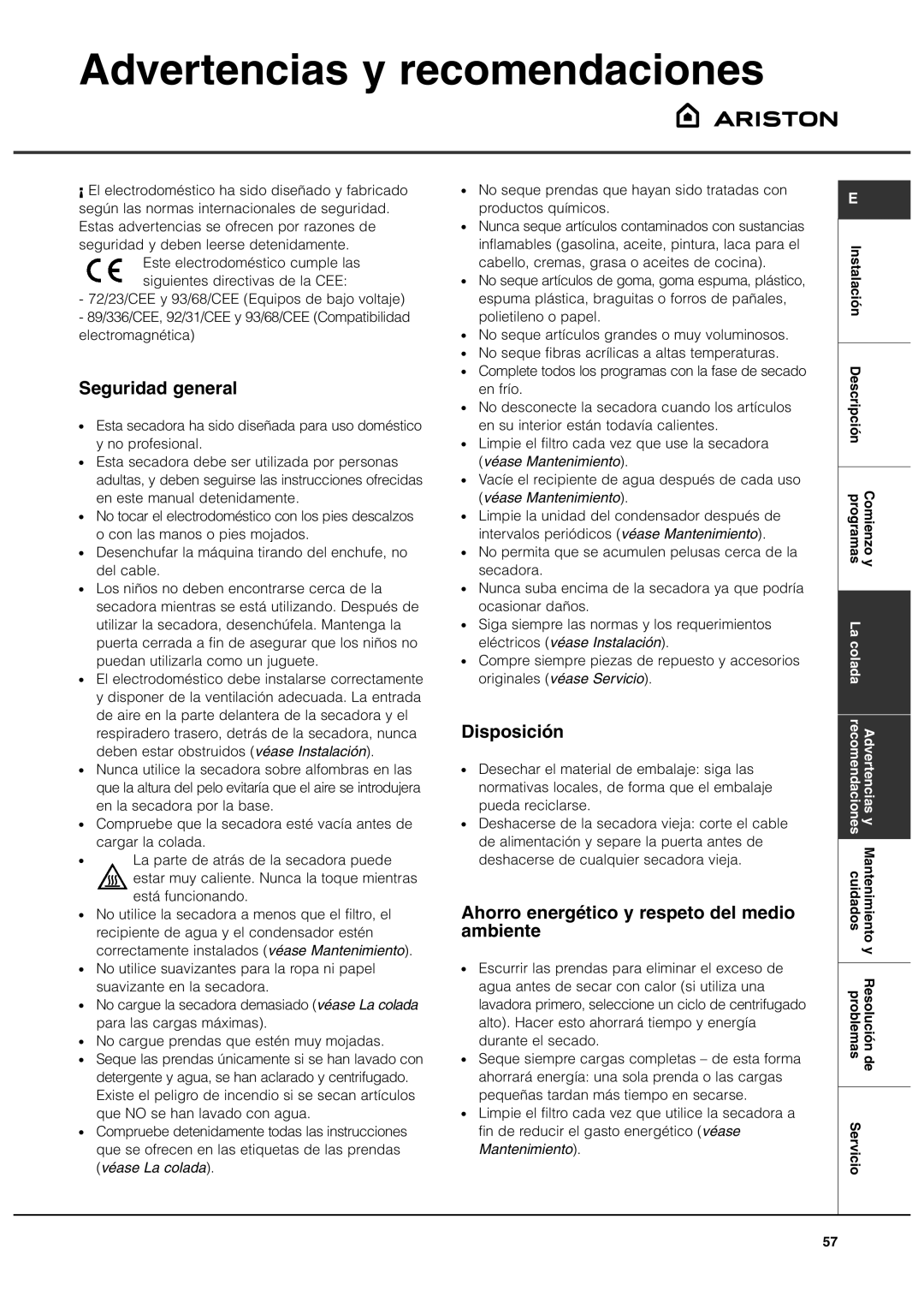 Ariston ASL70C manual Advertencias y recomendaciones, Seguridad general, Disposición 