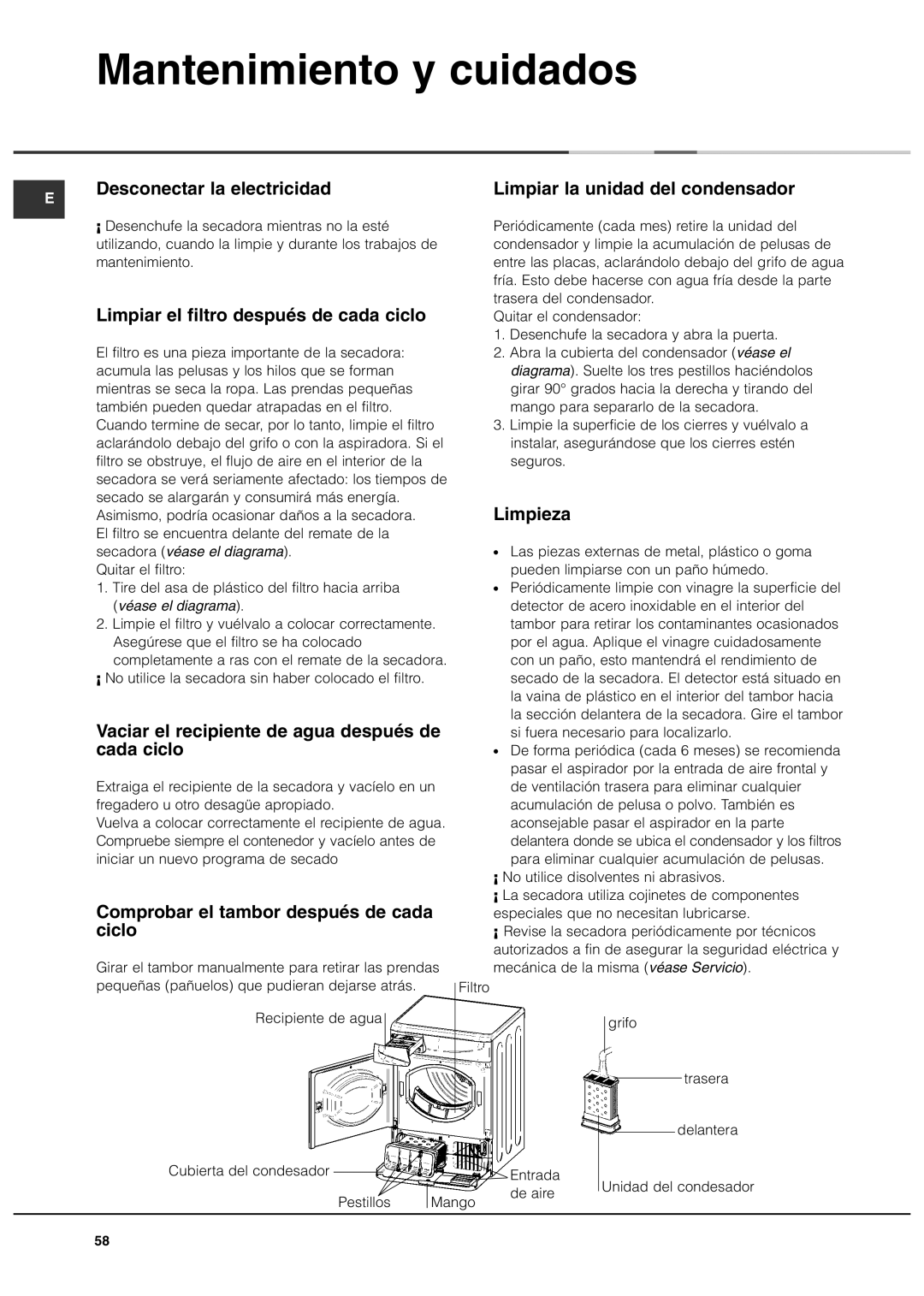 Ariston ASL70C manual Mantenimiento y cuidados 