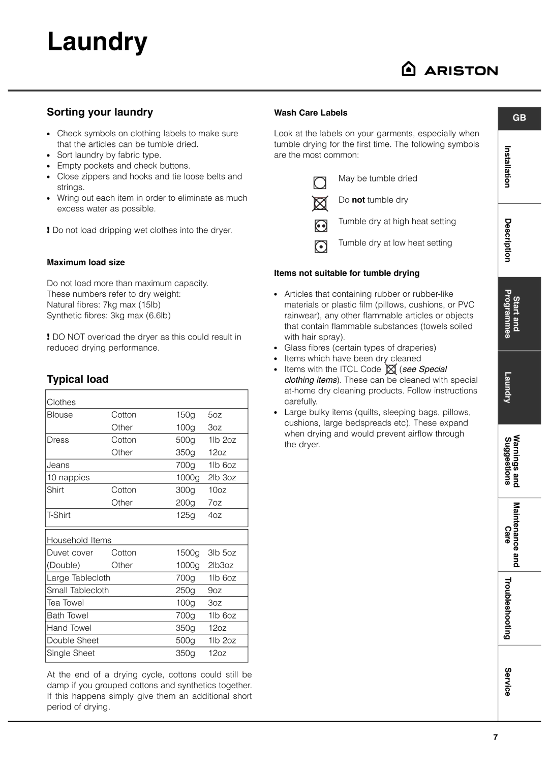 Ariston ASL70C manual Laundry, Sorting your laundry, Typical load 