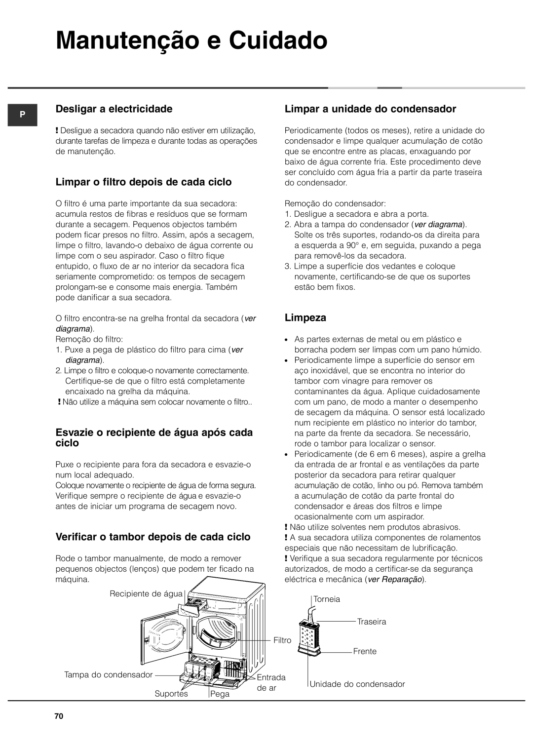 Ariston ASL70C manual Manutenção e Cuidado 