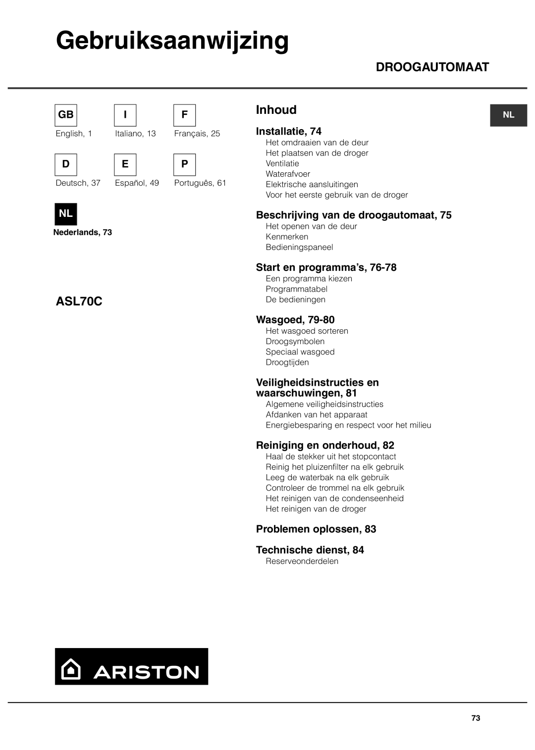 Ariston ASL70C manual Gebruiksaanwijzing 