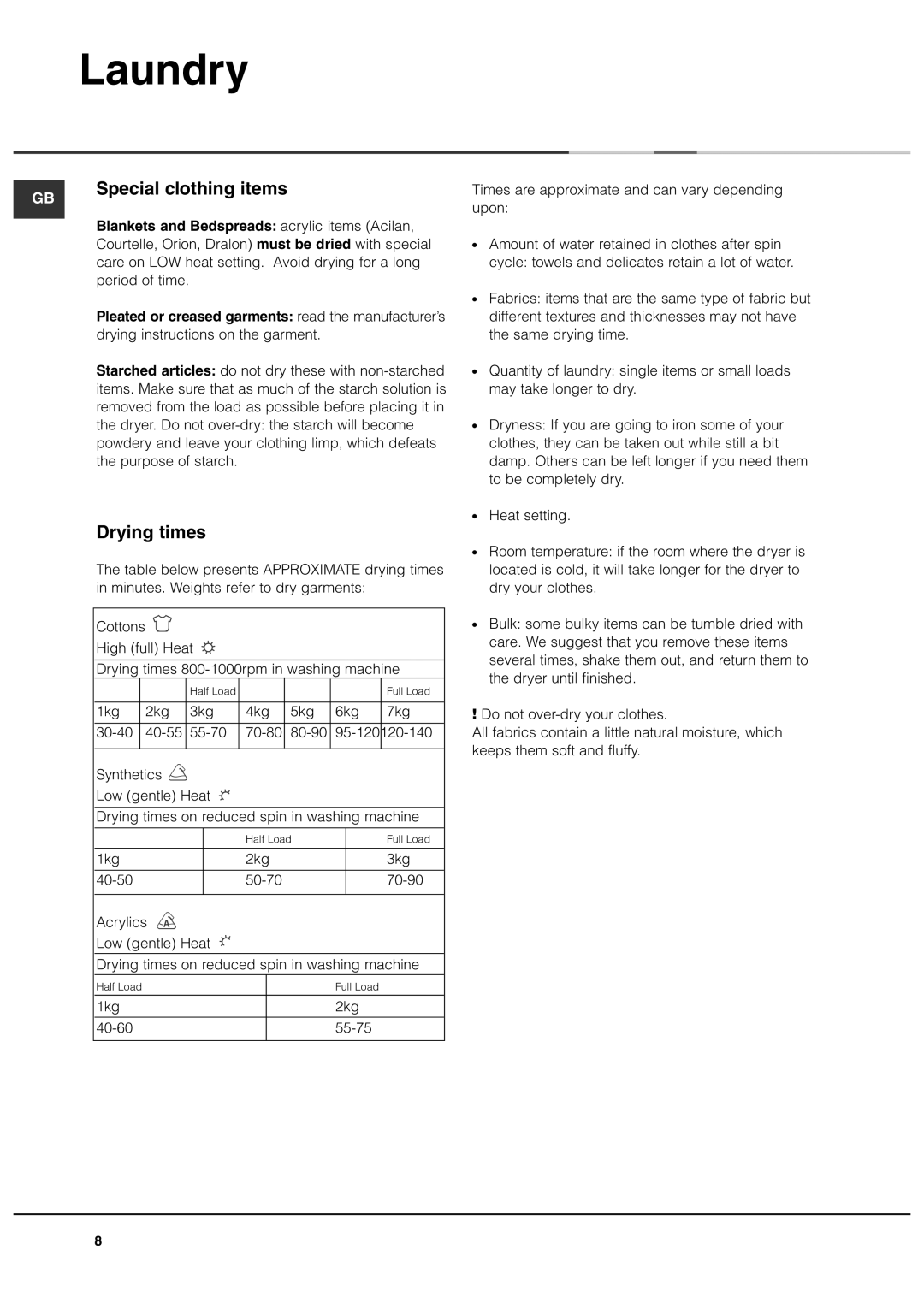 Ariston ASL70C manual Special clothing items, Drying times 