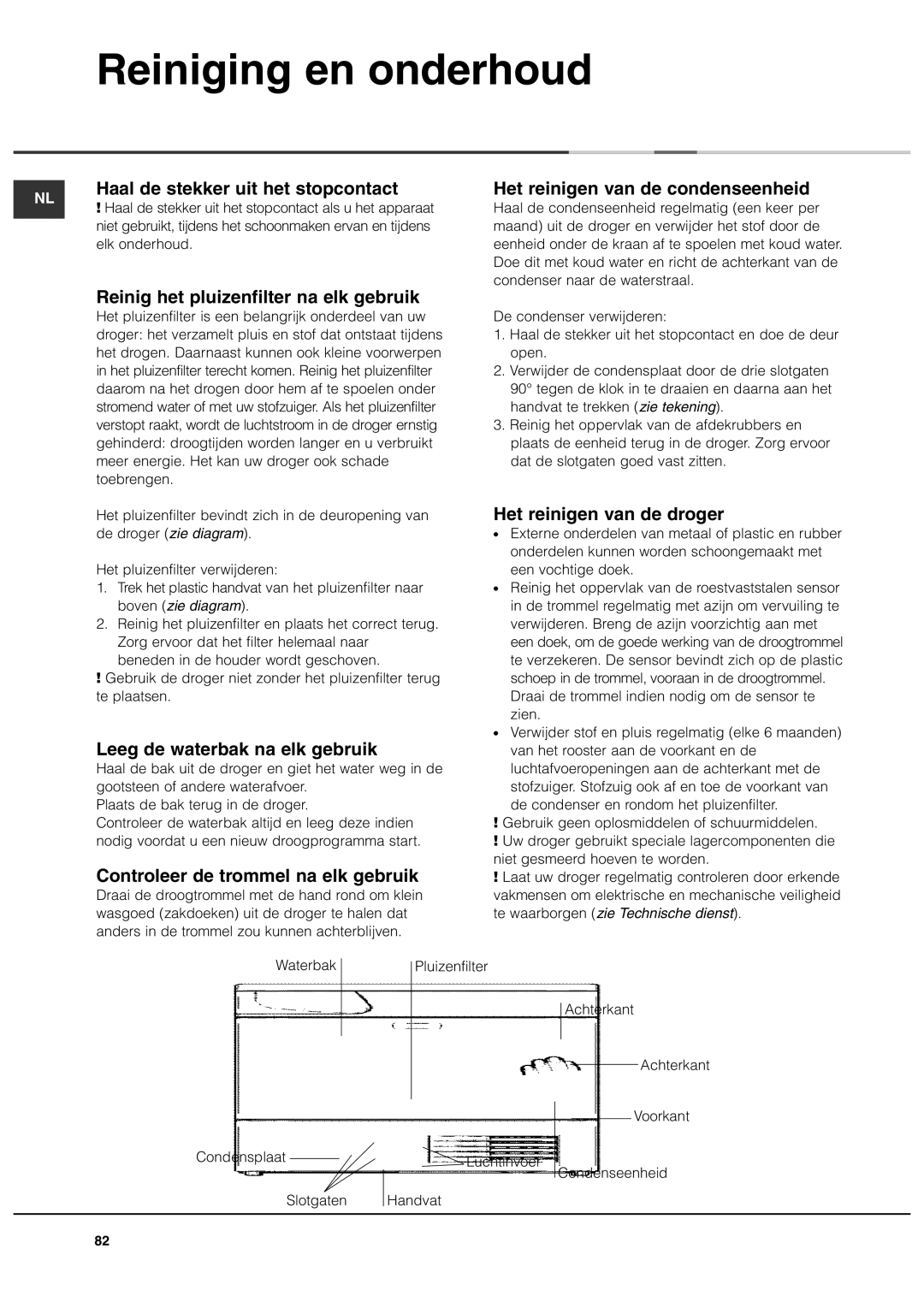 Ariston ASL70C manual Reiniging en onderhoud, Reinig het pluizenfilter na elk gebruik, Leeg de waterbak na elk gebruik 