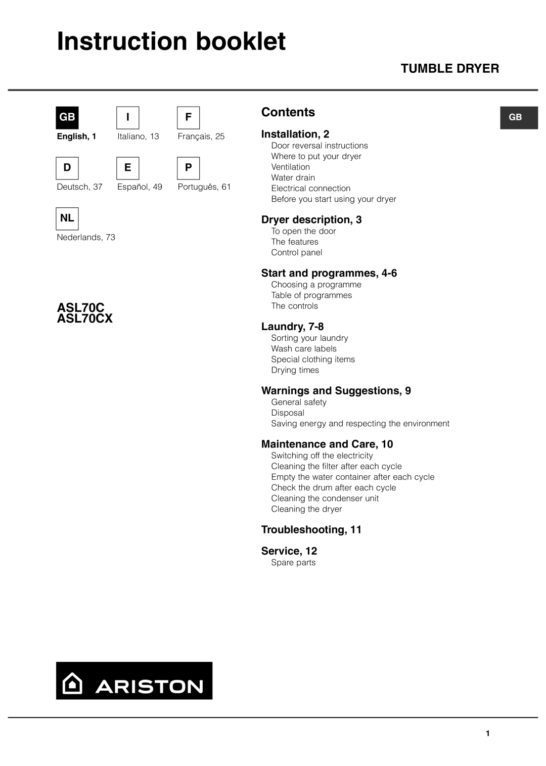 Ariston ASL70C manual Instruction booklet, Tumble Dryer 