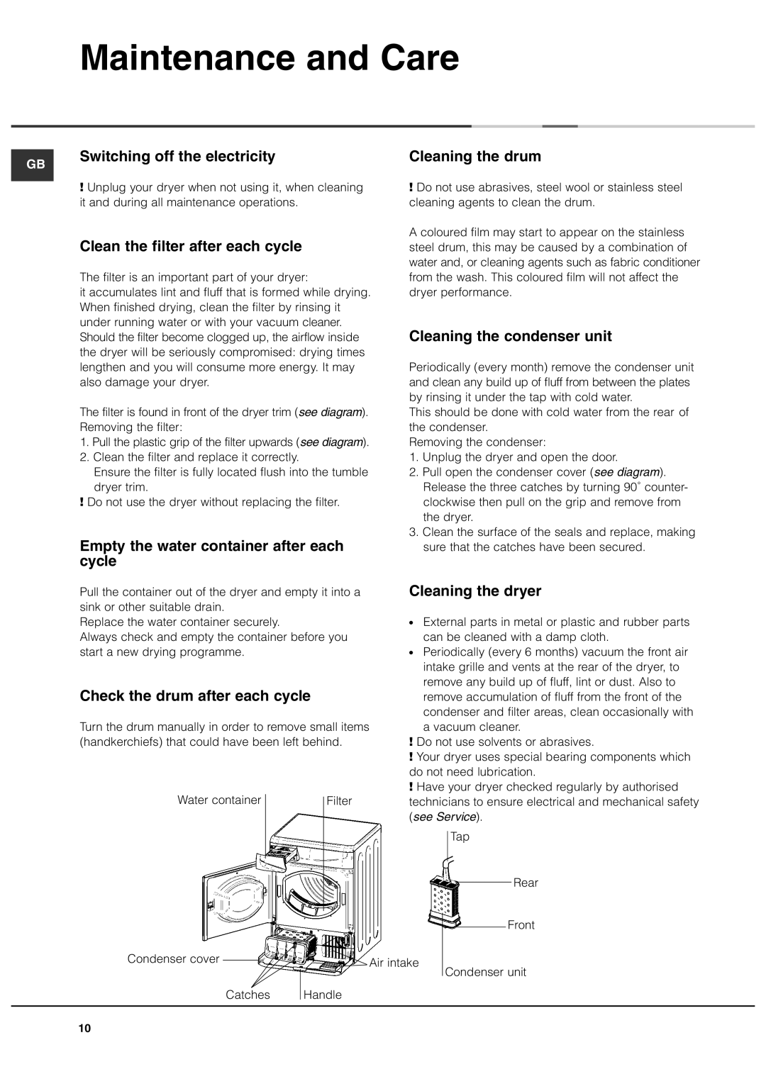 Ariston ASL70C manual Maintenance and Care 