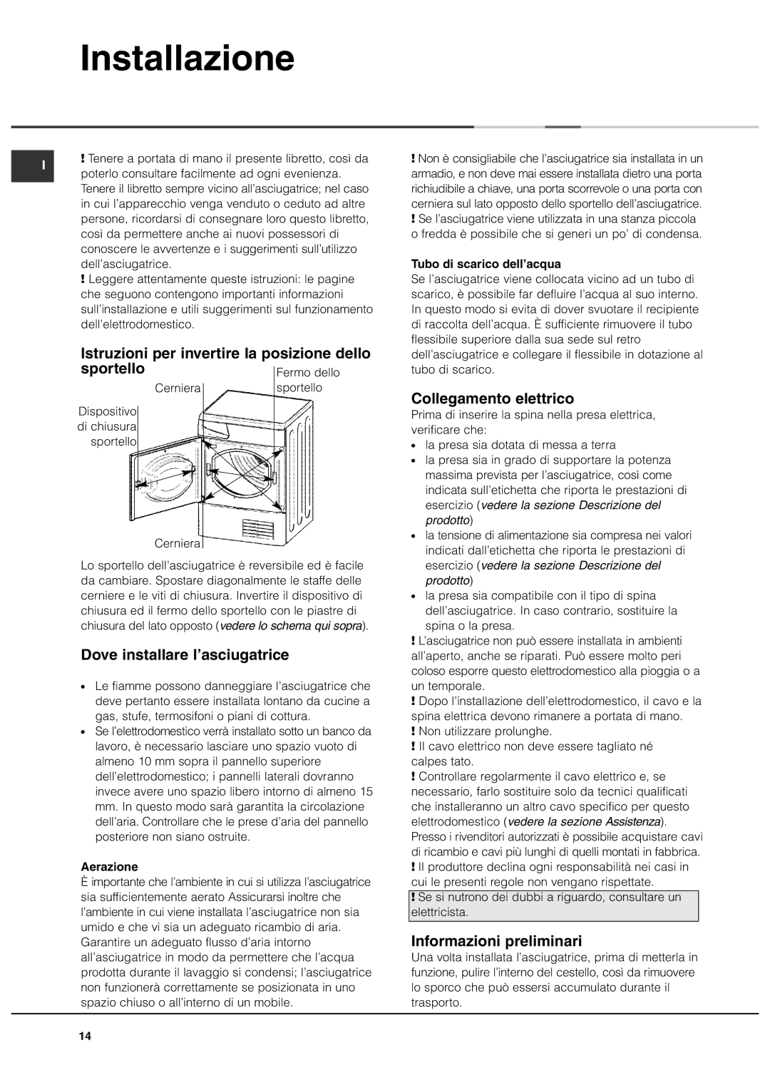 Ariston ASL70C manual Installazione, Istruzioni per invertire la posizione dello sportello, Collegamento elettrico 