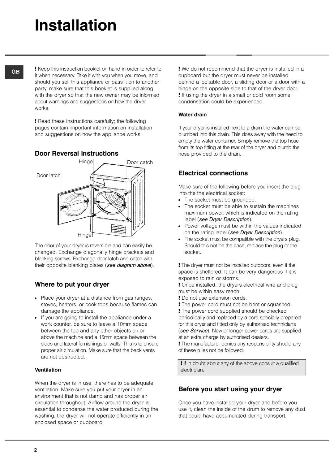 Ariston ASL70C manual Installation, Door Reversal Instructions, Where to put your dryer, Electrical connections 