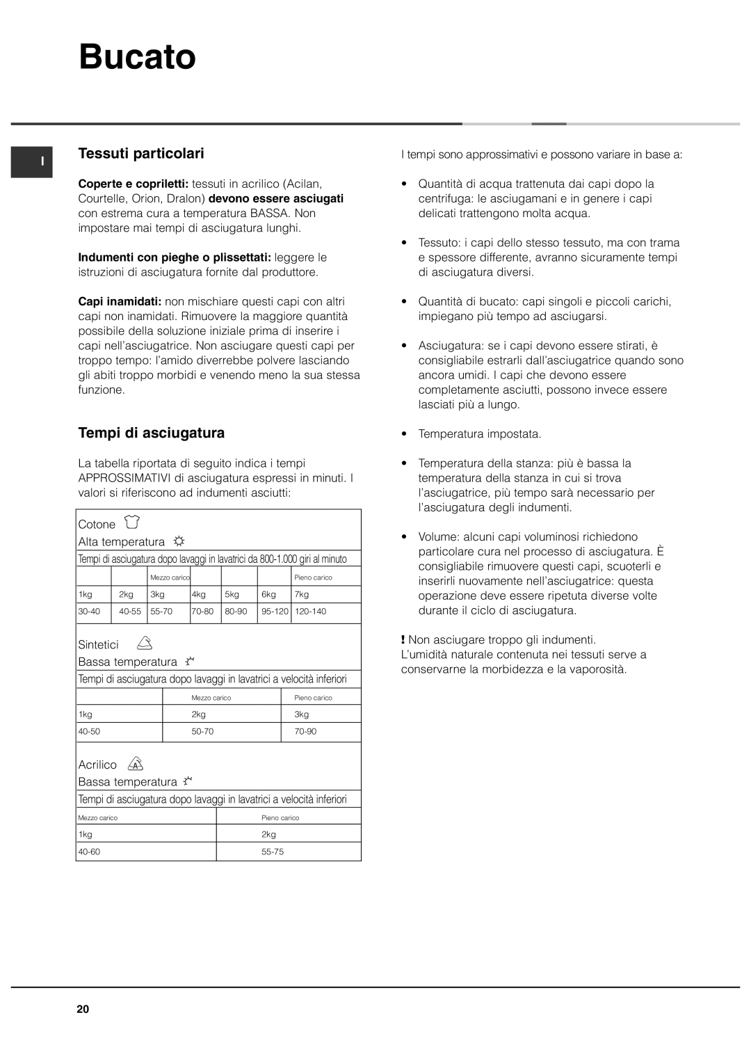 Ariston ASL70C manual Tessuti particolari, Tempi di asciugatura, Sintetici Bassa temperatura, Acrilico Bassa temperatura 