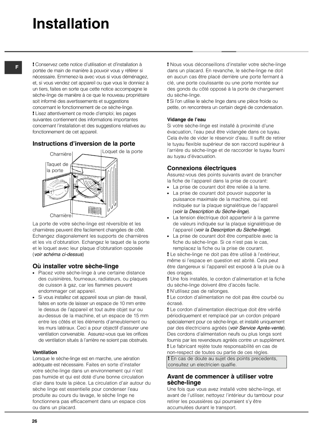 Ariston ASL70C manual Instructions d’inversion de la porte, Connexions électriques, Où installer votre sèche-linge 