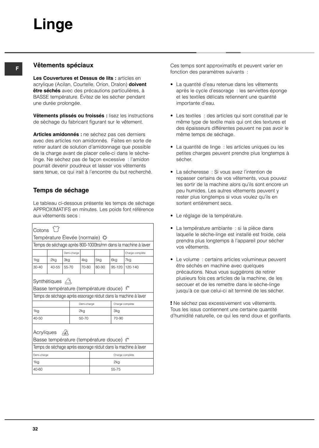 Ariston ASL70C manual Vêtements spéciaux, Temps de séchage, Les Couvertures et Dessus de lits articles en 