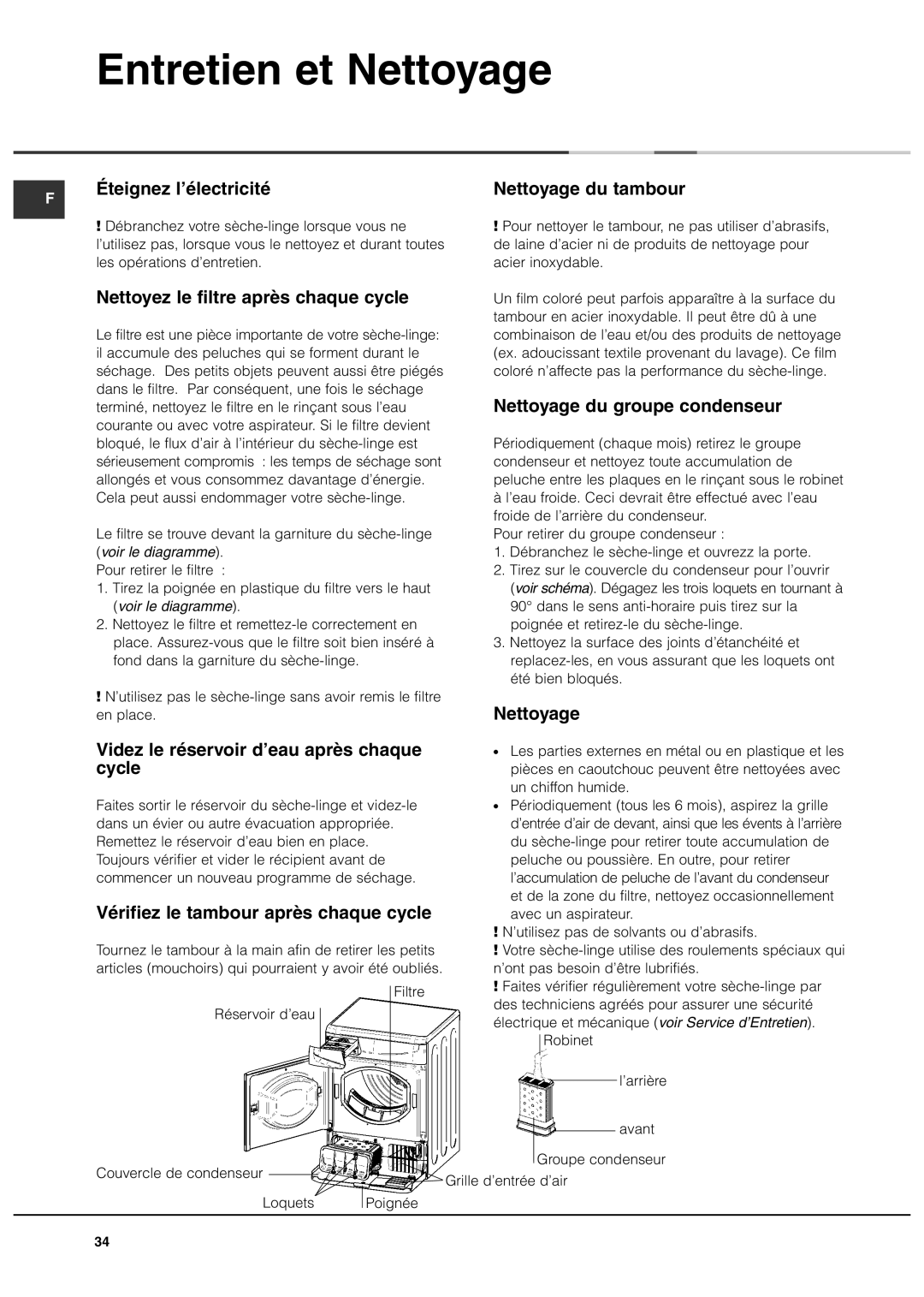 Ariston ASL70C manual Entretien et Nettoyage 