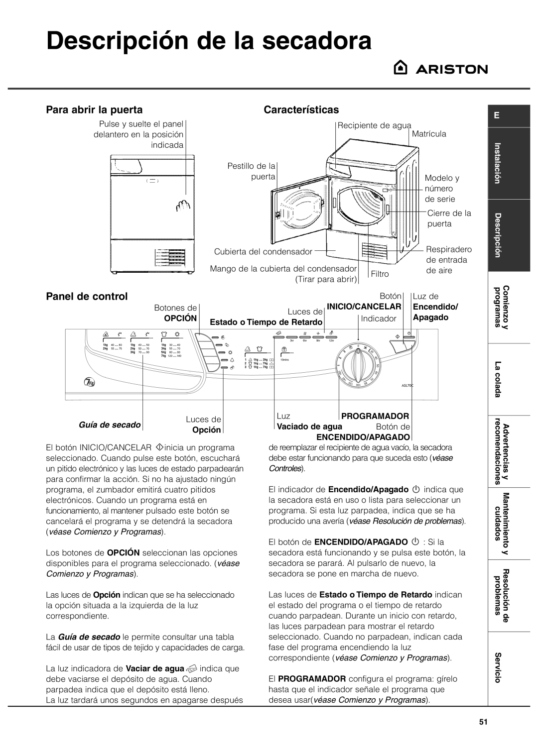 Ariston ASL70C manual Descripción de la secadora, Para abrir la puerta, Panel de control, Características, Guía de secado 