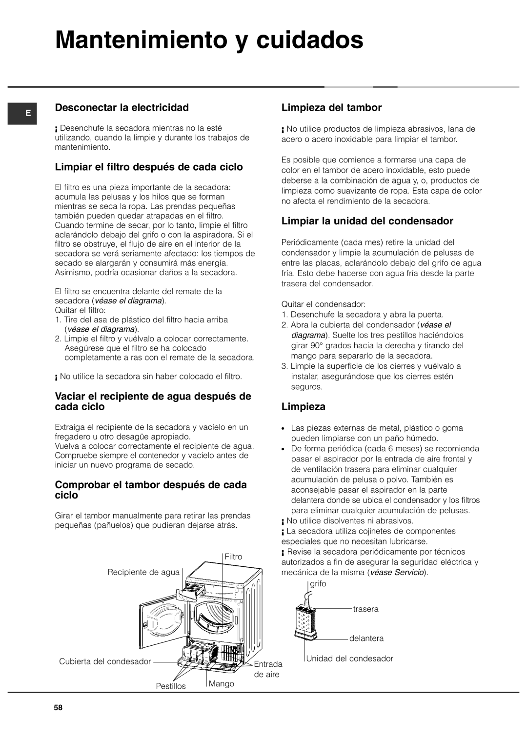 Ariston ASL70C manual Mantenimiento y cuidados 