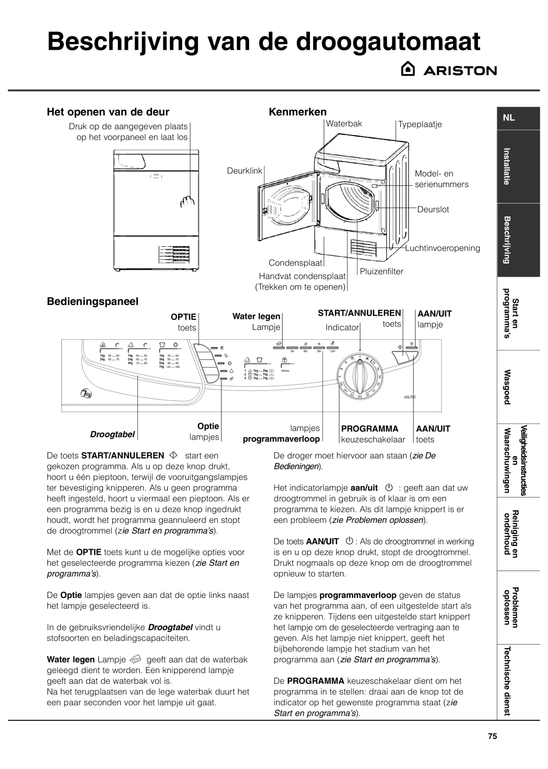 Ariston ASL70C Beschrijving van de droogautomaat, Het openen van de deur, Bedieningspaneel, Kenmerken, Droogtabel Optie 