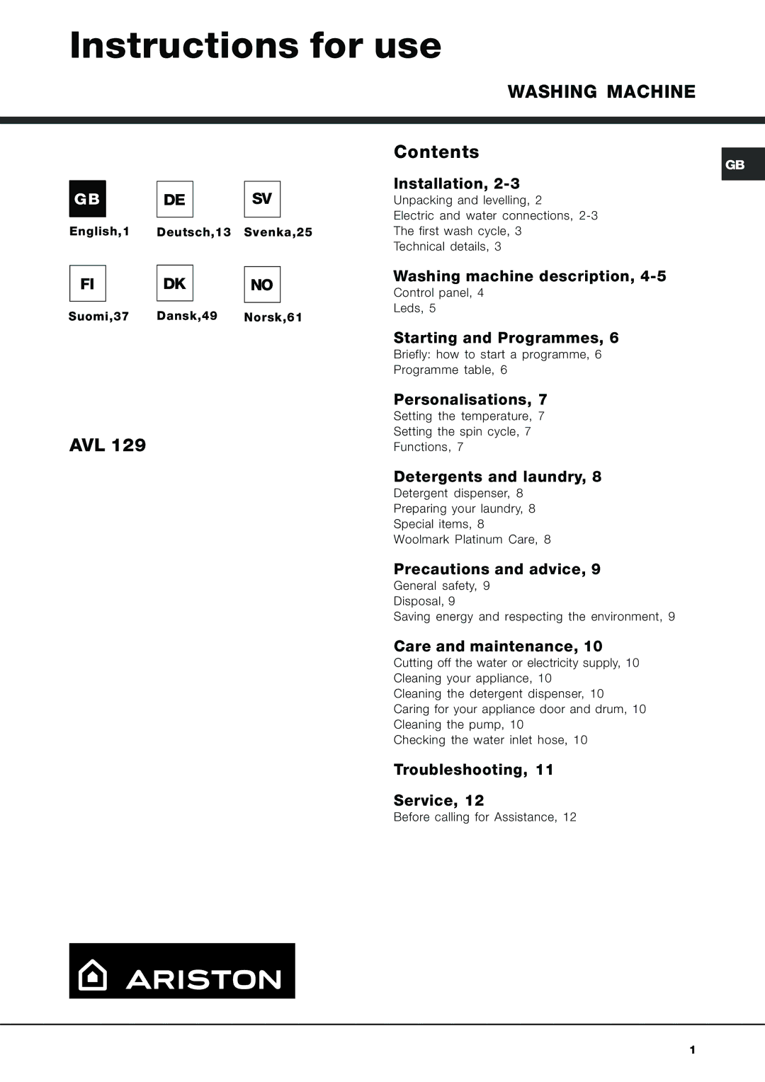 Ariston AVL 129 manual Instructions for use, Washing Machine 