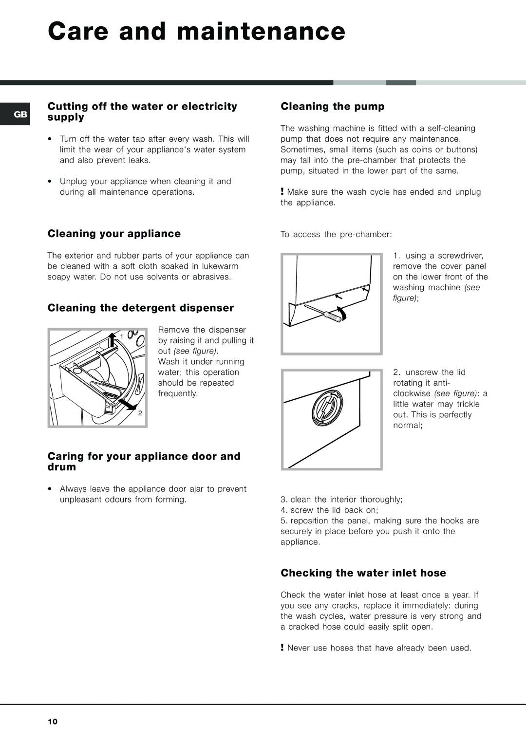 Ariston AVL 129 manual Care and maintenance 