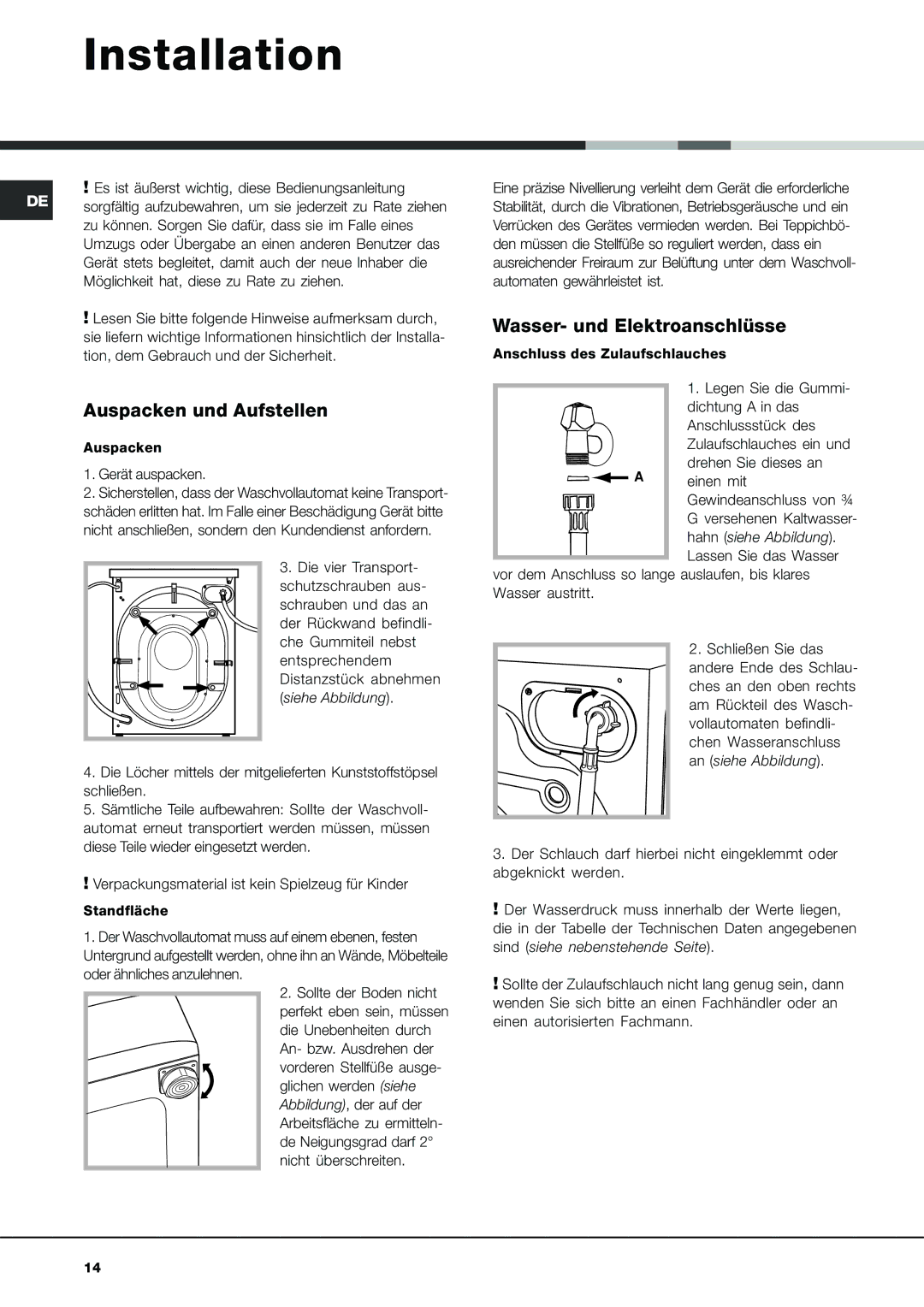 Ariston AVL 129 manual Auspacken und Aufstellen, Wasser- und Elektroanschlüsse 